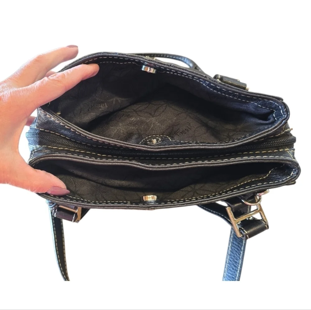 Fossil Black Pebbled Leather Multi Compartment Satchel Shoulder Bag
